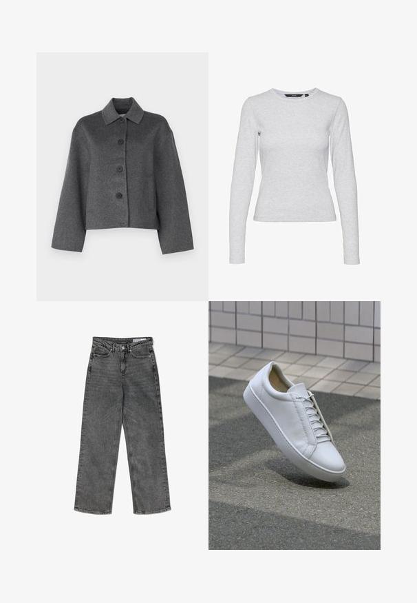 Siva volnena jakna s ovratnikom, sprednjimi gumbi in dvema stranskima žepoma. Ima skrajšan dizajn in gladko, teksturirano površino.; Svetlo siva majica s dugimi rukavi, narejena iz mehkega bombažnega materiala. Ima okroglo izreza in prilagojen silhueto brez vzorcev ali dodatkov.; Visoko pasu črne oprane hlače naravnega kroja z sprednjimi žepi, zankami za pas, gumbnim zapiranjem in oznako blagovne znamke na notranjem pasu.; Bela usnjena teniska z okroglo konico, ravnim podplatom in šestimi pari lukenj za vezalke. Gladka tekstura in minimalističen dizajn s detajli šivanja.