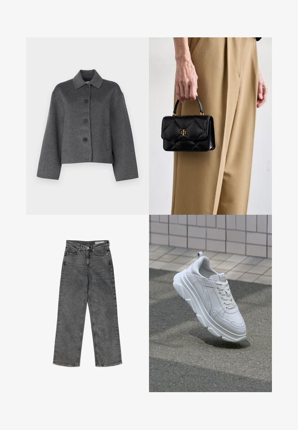 Chaqueta de lana gris con cuello, botones en la parte delantera y dos bolsillos laterales. Presenta un diseño corto y un acabado liso y texturizado.; Camiseta de manga larga gris claro hecha de una suave mezcla de algodón. Presenta un escote redondo y una silueta ajustada sin patrones ni adornos.; Jeans rectos de tiro alto, de color negro desgastado, con bolsillos frontales, trabillas para cinturón, cierre de botón y una etiqueta de marca en la parte interna de la cintura.; Zapatilla de cuero blanca con una suela de goma gruesa y texturizada, que presenta un cierre de cordones y detalles de costura. Diseño de punta redondeada y soporte para el tobillo.; Bolso de mano de cuero negro con un diseño acolchado, que cuenta con un asa superior y herrajes en tono dorado, sostenido por una persona que lleva pantalones beiges.