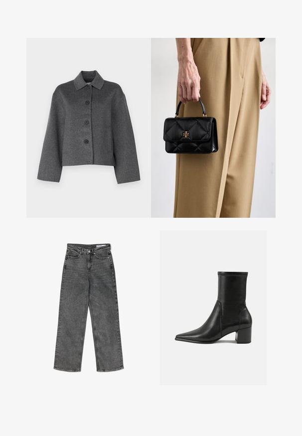 Pelēks vilnas žakets ar apkakli, priekšējiem pogām un divām sānu kabatām. Nodaļas dizains un gluda, teksturēta apdare.; Gai pelēks garais piedurkņu T-krekls, izgatavots no mīksta kokvilnas auduma. Tam ir noapaļots dekoltē un pieguļoša silueta bez rakstiem vai akcentiem.; Augstas jostas melni izbalējuši taisni džinsi ar priekšējām kabatām, jostas cilpiņām, pogu aizdari un ar zīmola iekšējo jostasvietas etiķeti.; Melnas potītes zābaki, kas izgatavoti no gludas ādas, ar smailu purngalu, blokveida papēdi un izteiktu paceltu šuvumu augšējā malā.; Melnas ādas rokassoma ar kvadrātveida dizainu, ar augšējo rokturi un zelta krāsas detaļām, kuru tur cilvēks beigās krāsota biksēs.