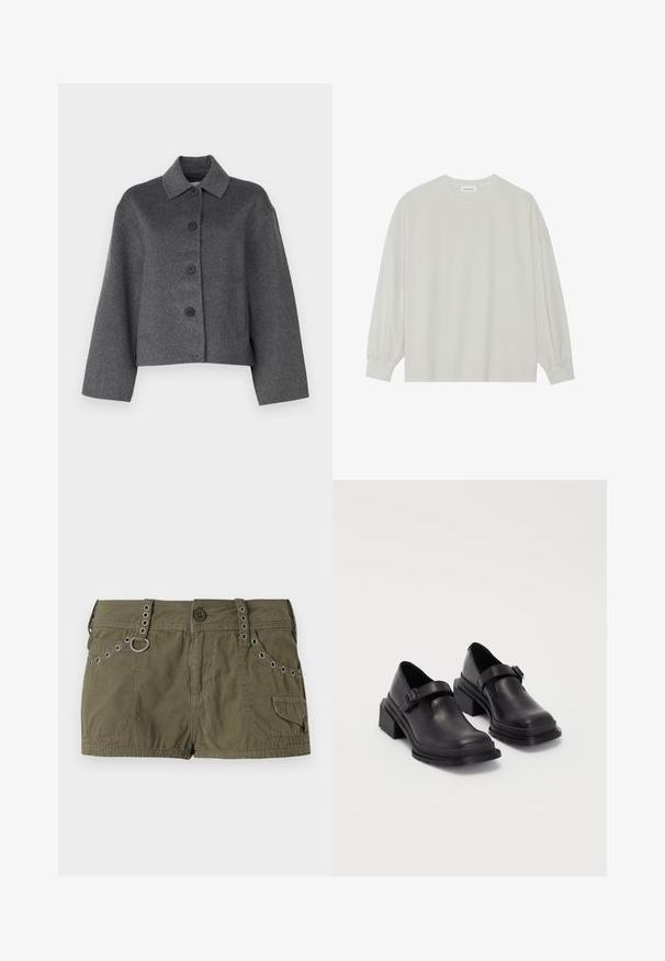Pilkas vilnonis švarkas su apykakle, priekiniais mygtukais ir dviem šoniniais kišenėmis. Jis turi trumpą dizainą ir lygų, tekstūruotą paviršių.; Šviesiai pilkas ilgomis rankovėmis marškinėliai, pagaminti iš minkštos medvilnės. Sukurtas laisvam prigludimui, apvaliu iškirpimu ir švelniai susigūžusiomis rankovėmis. Be raštų ar piešinių.; Alyvuogių žalsvi šortai, pagaminti iš lengvos medžiagos, su metalo akcentais juosmens dalyje ir šoninėmis kišenėmis. Tekstūruota paviršius su siuvinėjimo detalėmis.; Juodos odinės bateliai su apvaliu priekiu, plokščiu padu ir dirželiu su sagtimi. Didelis blokinis kulnas, užtikrinantis papildomą stabilumą.