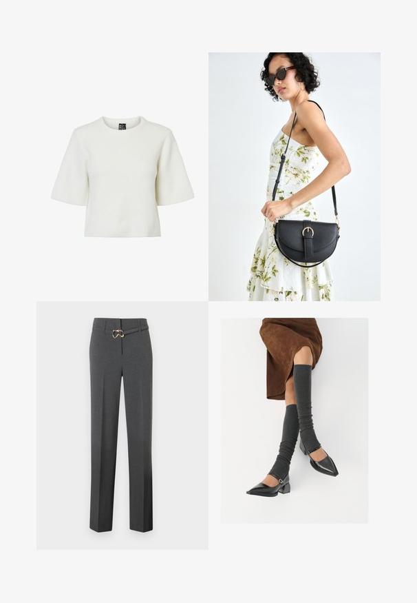 Gray wool jacket with a collar, front buttons, and two side pockets. Features a cropped design and a smooth, textured finish.; White, short-sleeve top with a textured, ribbed pattern and a round neckline. Made from a soft material. Cropped length.; Dark gray tailored women's trousers with straight legs and a thin matching belt featuring a gold-tone buckle.; Black patent leather pointed-toe shoes with a block heel and ankle strap, paired with gray ribbed leg warmers and a brown suede skirt.; Black leather handbag with a curved shape, detachable strap, and gold hardware. The bag features a flap with a buckle detail.