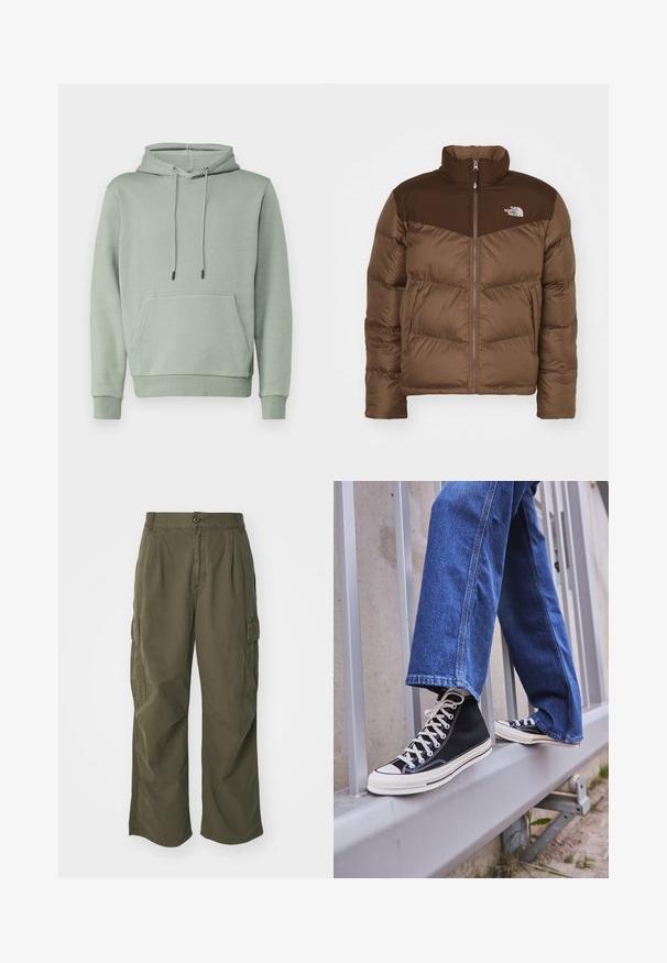 Barna puffertakó, elől cipzárral, magas gallérral és sötétebb barna díszítéssel a vállaknál. A bal mellrészen található a logó.; Jack & Jones JJEBRADLEY HOOD - Melegítőfelső - iceberg green; Olívazöld cargo nadrág, pamutból készült, széles lábú kialakítással, plisszírozással és oldalsó zsebekkel a funkcionalitás érdekében.; Fekete magasszárú sportcipők fehér talppal és fűzővel, laza kék farmernadrággal párosítva, egy szürke korlát tetején pihenve.