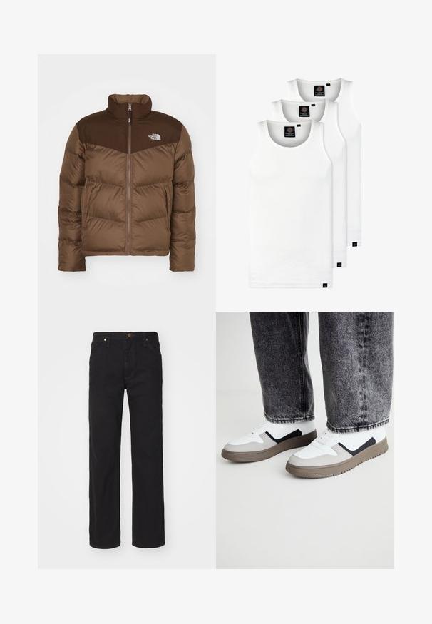 Ruda pūkinė striukė su užtrauktuku priekyje, aukšta apykakle ir tamsesniu ruduo akcentu ant pečių. Kairiajame krūtinės taške yra logotipas.; Trys balti, dryžuoti marškiniai be rankovių, pagaminti iš medvilnės. Yra apvalus kaklas ir maži juodi etiketės netoli siūlės. Siūlomi įvairių dydžių.; Juodi džinsai su tiesiomis kojelėmis, turintys mygtuką, penkias kišenes ir vario spalvos metalinius aksesuarus.; Call it Spring FRESHH - Sportbačiai - multi-coloured