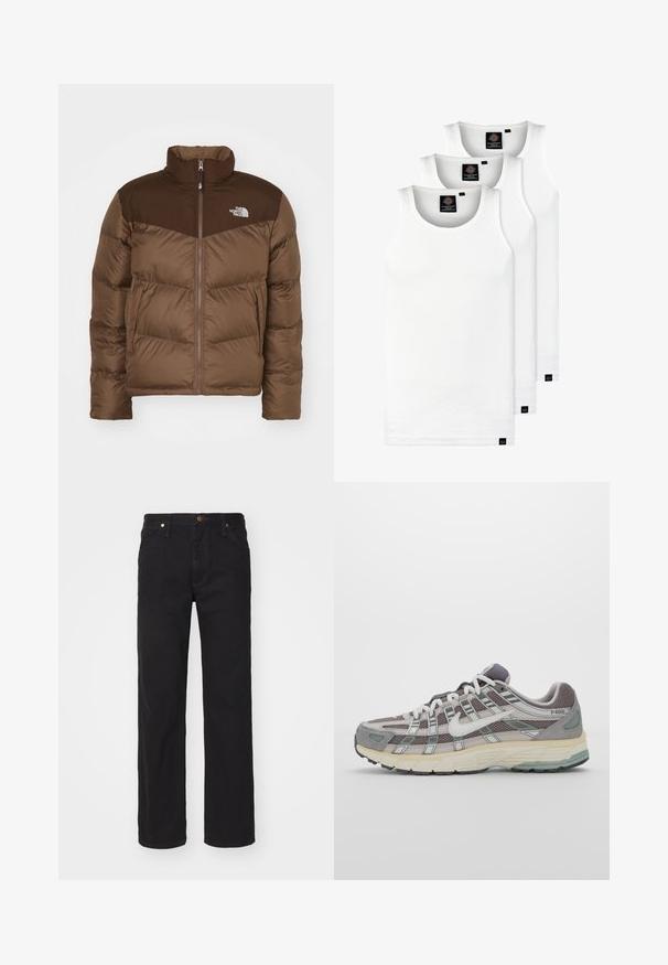 Veste matelassée marron avec fermeture éclair à l'avant, col haut et une accentuation marron plus foncé au niveau des épaules. Comprend le logo sur la poitrine gauche.; Trois débardeurs blancs côtelés en coton. Présentent un col rond et de petites étiquettes noires près de l'ourlet. Disponibles en plusieurs tailles.; Jean en denim noir avec une coupe droite, dotés d'une fermeture à bouton, de cinq poches et d'accents en matériel couleur cuivre.; Chaussure de sport grise avec une tige en mesh et en daim, accents blancs, semelle rembourrée et un design distinctif avec des éléments réfléchissants.