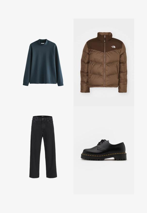 Veste matelassée marron avec fermeture éclair à l'avant, col haut et une accentuation marron plus foncé au niveau des épaules. Comprend le logo sur la poitrine gauche.; Sweatshirt long à manches longues bleu foncé avec un col haut, fabriqué en tissu lisse. Présente des épaules tombantes et des poignets côtelés. Design simple, sans motifs.; Jean large en denim noir à taille haute, avec poches avant, fermeture éclair et bouton. Texture lisse et design classique.; Chaussure en cuir noir à lacets avec un bout arrondi, semelle en caoutchouc texturée et surpiqûre jaune autour de la base. Design plat et finition lisse.
