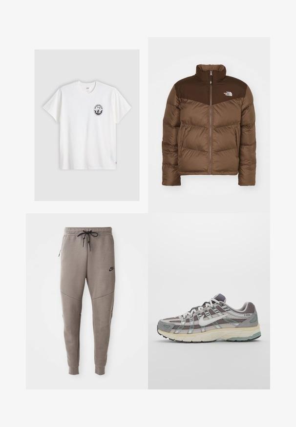 Ruskea puhallettava takki, jossa on vetoketjullinen etuosa, korkea kaulus ja tummempi ruskea yksityiskohta hartioissa. Vasemmassa rinnassa on logo.; Valkoinen puuvillapaita, jossa lyhyet hihat, pyöreä kaula-aukko ja musta ympyrälogo vasemmassa rinnassa, jossa on tyylitelty muotoilu.; Harmaat Nike-juoksuhousut, joissa on kiristysnyöri vyötäröllä, kapeat lahkeet, sivutaskut ja erottuva sauman yksityiskohtaisuus. Pehmeä, tekstuuri kangas.; Harmaa urheilukenkä, jossa on verkko- ja mokkanahkainen yläosa, valkoiset yksityiskohdat, pehmustettu pohja ja erottuva muotoilu heijastavilla elementeillä.