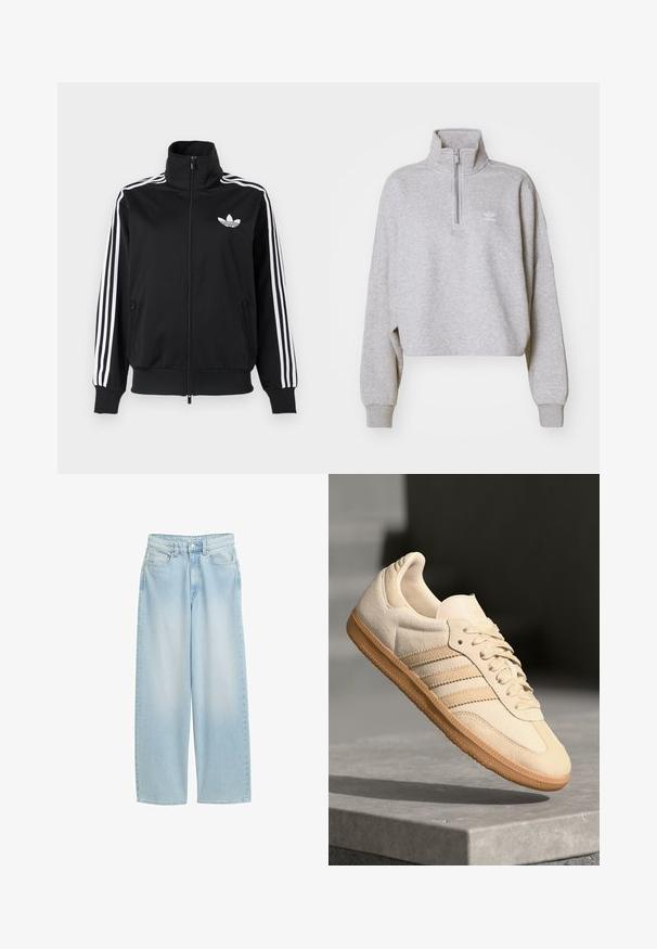 Fekete cipzáras dzseki sima anyagból, fehér háromsávos díszítéssel az ujjakon és egy kis fehér logóval a mellkasnál.; Szürke cropped kapucnis pulóver magas gallérral, félig zippes és laza ujakkal. A mellrészen egy apró fehér logó található. Puha anyagból készült.; Világoskék, trapéznadrág fazonú farmernadrág, magas derékkal, elülső zsebekkel, gombos záródással és klasszikus varrási részletekkel.; Világos bézs velúr sportcipő, gumitalppal, három átlós csíkkal és texturált orral. A díszítés a nyelven és az oldalon található.