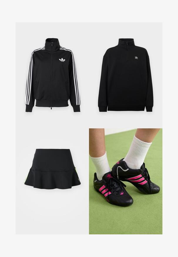 Čierna bunda na zips z hladkého materiálu, s bielymi tromi pruhmi na rukávoch a malým bielym logom na hrudi.; Čierna mikina so štvrtinovým zipsom z mäkkého materiálu, s vysokým golierom, rebrovanými manžetami a malým bielym logom Adidas na hrudi.; adidas Originals SKIRT - Minisukňa - black; Čierne športové topánky s troma ružovými pruhmi, s textúrovaným koženým zvrškom, čiernymi šnúrkami a detailom loga, spárované s bielymi rebrovanými ponožkami na zelenej ploche.