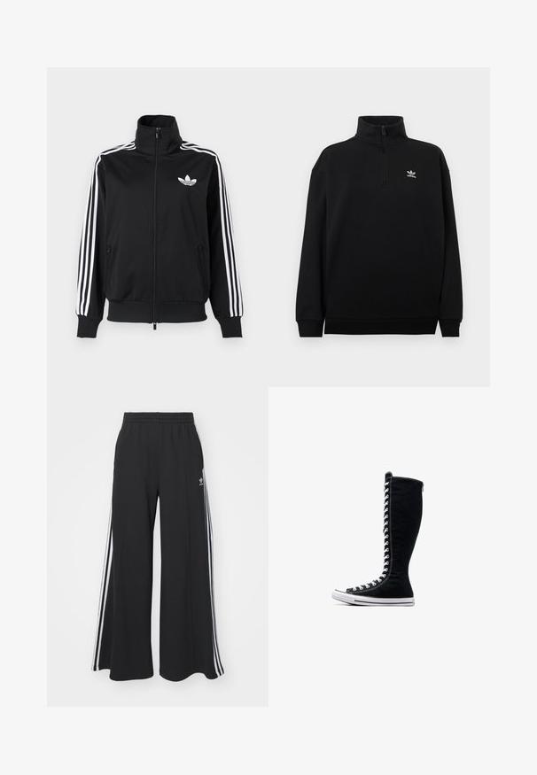 Black zip-up jacket made of smooth fabric, featuring white three-stripe accents on sleeves and a small white logo on the chest.; Black quarter-zip sweatshirt made of soft fabric, featuring a high collar, ribbed cuffs, and a small white Adidas logo on the chest.; Black wide-leg sweatpants with an elastic waistband, featuring white side stripes and an embroidered logo on the left thigh.; Black high-top sneakers with a tall design, made of canvas. Feature white laces, stitching, and a rubber sole with a toe cap.