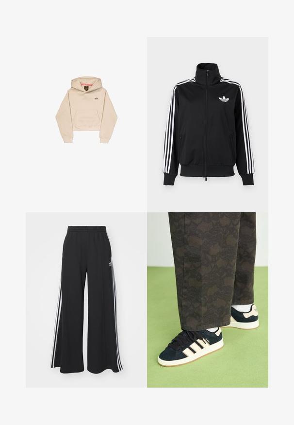 Giacca nera con zip realizzata in tessuto liscio, con dettagli a tre strisce bianche sulle maniche e un piccolo logo bianco sul petto.; Hoodie beige tagliato, realizzato in tessuto morbido, con tasca frontale, cappuccio e piccolo logo sul petto. Texture liscia e vestibilità rilassata.; Pantaloni in felpa neri a gamba larga con vita elastica, dotati di strisce bianche sui lati e un logo ricamato sulla coscia sinistra.; Pantaloni neri e a fantasia abbinati a sneaker in camoscio blu marina con strisce crema e suole bianche. Le superfici mostrate sono texturate e piatte.