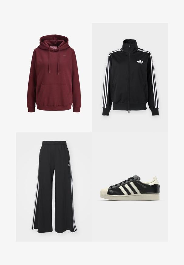 Mustast, siledast kangast tõmblukuga jakk, millel on valged kolm triipu varrukatel ja väike valge logo rinnal.; Burgundi värvi kapuutsiga pusak, mis on valmistatud pehmest kangast, ees on tasku, reguleeritavad nöörid ja rinnal väike logo.; Mustad laiad trenni püksid elastse vöökohtaga, millel on valged küljeribad ja tikitud logo vasakul reiel.; Must have nahkased mustad tossud valgete triipudega, kummist varbakattega, mustade paeltega ja kreemika värvusega tallaga. Sile tekstuur ja läikiv viimistlus.