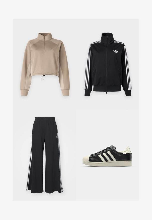 Chaqueta negra con cremallera hecha de tela suave, con acentos blancos de tres franjas en las mangas y un pequeño logo blanco en el pecho.; Pulóver recortado beige con un cuello alto, cierre de cuarto de cremallera en el frente y dobladillo con cordón. Cuenta con mangas largas con paneles laterales en contraste.; Pantalones de chándal negros de pierna ancha con una cinturilla elástica, que presentan franjas blancas a los lados y un logo bordado en el muslo izquierdo.; Zapatilla de cuero negro con rayas blancas, puntera de goma, cordones negros y suela color crema. Textura suave con acabado brillante.