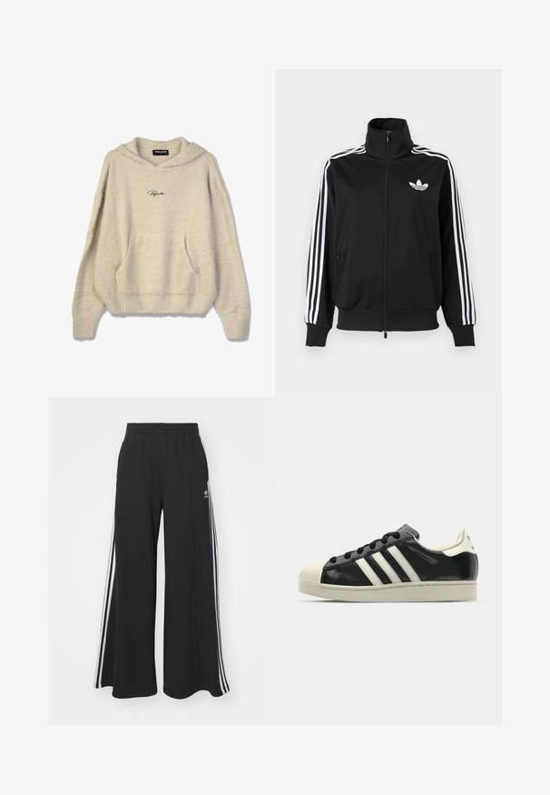Svart hettejakke med glidelås laget av glatt stoff, med hvite tre-stripe detaljer på ermene og en liten hvit logo på brystet.; Lys beige hettegenser med frontlomme, ribbede mansjetter og snor i hetten. Har "Pegador"-logo i svart på brystet.; Svart vide joggebukser med elastisk midjebånd, med hvite sidestriper og brodert logo på venstre lår.; Svarte skinnsneakers med hvite striper, gummitopp, svarte lisser og en kremfarget såle. Glatt tekstur med blank finish.