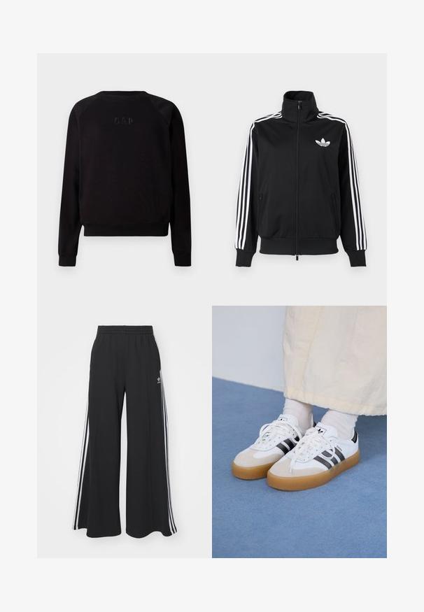 Mustast, siledast kangast tõmblukuga jakk, millel on valged kolm triipu varrukatel ja väike valge logo rinnal.; Musthave musta pikkade varrukate ja ümarate kaelustega sviiter, millel on rinnal diskreetne väljaulatuv GAP logo, soonikkoes mansetid ja äär.; Mustad laiad trenni püksid elastse vöökohtaga, millel on valged küljeribad ja tikitud logo vasakul reiel.; Valged tossud mustade triipudega ja beeži nahaga aktsentidega. Omavad tekstuuriga kummist talla ja lamedaid valgeid paelu, kantud heledate sokkidega.