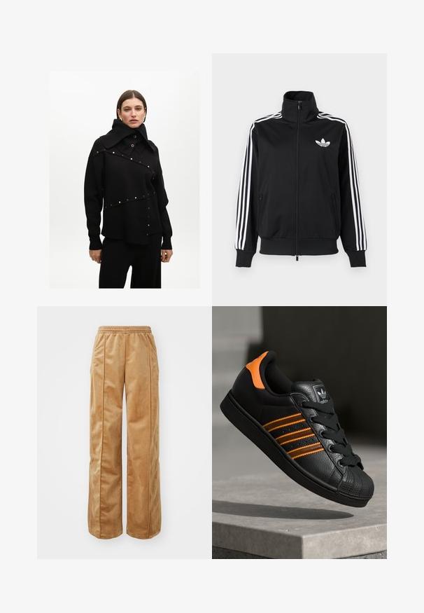 Černá bunda na zip z hladké látky s bílými třemi pruhy na rukávech a malým bílým logem na hrudi.; Černý pletený svetr s vysokým límcem, zlatými patentkami a asymetrickým designem s texturovaným povrchem. Kombinovaný s ladícími kalhotami.; Hnědé široké kalhoty vyrobené z měkkého, sametového materiálu. Obsahují elastický pas a vertikální švy na přední straně pro zvýšení detailu.; Černé tenisky s oranžovými akcenty, třemi horizontálními pruhy, texturovaným koženým svrškem, gumovou špicí a černými tkaničkami.