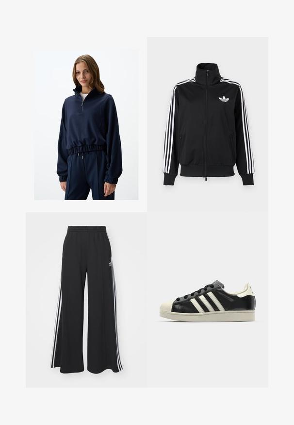 Giacca nera con zip realizzata in tessuto liscio, con dettagli a tre strisce bianche sulle maniche e un piccolo logo bianco sul petto.; Pullover navy a mezza zip in tessuto morbido, con polsini ed orlo elastici, progettato con una vestibilità rilassata e sottili dettagli in oro.; Pantaloni in felpa neri a gamba larga con vita elastica, dotati di strisce bianche sui lati e un logo ricamato sulla coscia sinistra.; Sneaker in pelle nera con strisce bianche, punta in gomma, lacci neri e suola di colore crema. Texture liscia con finitura brillante.