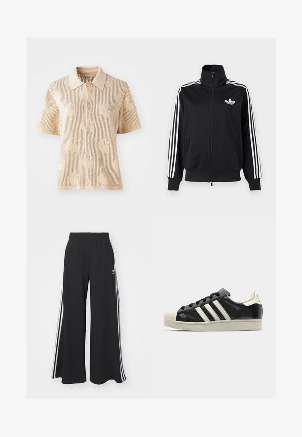 Veste noire zippée en tissu lisse, avec des accents à trois bandes blanches sur les manches et un petit logo blanc sur la poitrine.; Polo en tricot beige à manches courtes, présentant une texture à motif et une fermeture à cinq boutons. Léger avec un design respirant.; Pantalons de survêtement larges noirs avec une taille élastique, présentant des rayures blanches sur les côtés et un logo brodé sur la cuisse gauche.; Baskets en cuir noir avec des rayures blanches, embout en caoutchouc, lacets noirs et semelle extérieure crème. Texture lisse avec une finition brillante.