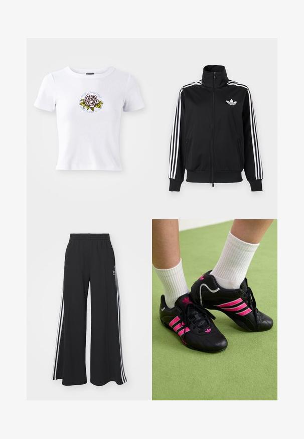 Chaqueta negra con cremallera hecha de tela suave, con acentos blancos de tres franjas en las mangas y un pequeño logo blanco en el pecho.; Camiseta blanca de manga corta con diseño ajustado, que presenta un gráfico de rosa bordado centrado y texto circular alrededor de la flor.; Pantalones de chándal negros de pierna ancha con una cinturilla elástica, que presentan franjas blancas a los lados y un logo bordado en el muslo izquierdo.; Zapatillas deportivas negras con tres franjas rosas, parte superior de cuero texturizado, cordones negros y detalle del logo, combinadas con calcetines blancos acanalados sobre una superficie verde.