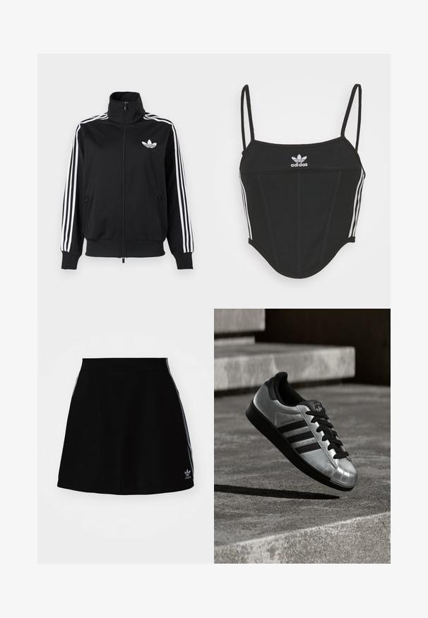 Črna jakna z zadrgo iz gladkega blaga, z belimi tremi črtami na rokavih in majhno belim logotipom na prsih.; Črn rebrast top s kratkimi rokavi in nastavljivimi tankimi naramnicami, ki ima tri bele črte na straneh in majhen bel Adidasov logotip na sredini.; Črna športna krila z razširjenim oblikovanjem, ki vsebuje bele stranske črte in izvezeno logo na robu. Narejena iz gladkega, raztegljivega materiala.; Srebrna superga s črnim gumijastim podplatom, črnimi vezalkami in tremi črnimi črtami. Ima kovinski zaključek in klasičen dizajn z zaščitnim ščitnikom na prstih.