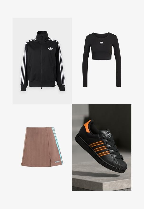 Juodas užsegamas džemperis, pagamintas iš lygaus audinio, su baltomis trimis juostelėmis ant rankovių ir mažu balto logotipo ant krūtinės.; Juoda ilgarankovė trumpa palaidinė, pagaminta iš glamžyto audinio, su apvaliu kaklu; centre krūtinėje yra balta Adidas logotipas.; Ruda klostinė sijonė su mėlynomis šoninėmis juostelėmis ir logotipu. Išsiskiria švariu dizainu, subtilia tekstūra ir tiesiu kraštu.; Juodas sportinis batelis su oranžiniais akcentais, trimis horizontaliomis juostelėmis, tekstūruota odinė viršutinė dalis, guminiu nosių dangteliu ir juodomis raišteliais.