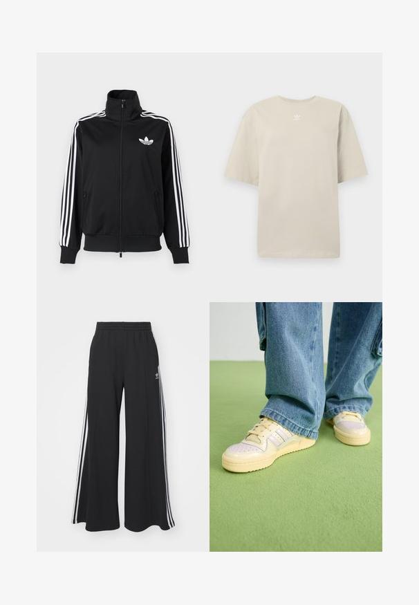 Jaqueta preta com fecho de correr, feita de tecido liso, com detalhes de três riscas brancas nas mangas e um pequeno logo branco no peito.; T-shirt bege de manga curta feita de algodão, com gola redonda e pequeno logótipo branco da Adidas impresso no peito. Textura suave, corte descontraído.; Calças de suor largas e pretas com uma cintura elástica, apresentando riscas brancas nas laterais e um logótipo bordado na coxa esquerda.; Tenis com um cabedal creme e sola de borracha texturizada, apresentando detalhes perfurados e acentos em camadas em azul claro e bege.