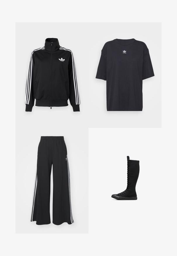 Black zip-up jacket made of smooth fabric, featuring white three-stripe accents on sleeves and a small white logo on the chest.; Black cotton t-shirt with short sleeves, round neckline, features a white Adidas logo on the chest. Simple design, relaxed fit.; Black wide-leg sweatpants with an elastic waistband, featuring white side stripes and an embroidered logo on the left thigh.; Black high-top canvas boots with a rounded toe, zip closure, and front lacing. Features a textured surface and rubber sole.