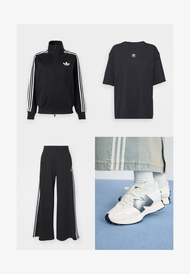 Crna jakna na patentni zatvarač od glatkog tkanja, s bijelim tri pruge na rukavima i malim bijelim logotipom na prsima.; Crna pamučna majica kratkih rukava, okruglog izreza, s bijelim Adidas logom na prsima. Jednostavan dizajn, opušteni kroj.; Crne široke trenirke s elastičnim pojasom, s bijelim bočnim trakama i izvezenim logom na lijevom bedru.; Bijele atletske tenisice s srebrnim akcentom, teksturiranim materijalom i glatkom kožom; s crnim gumеним potplatom i vezicama.