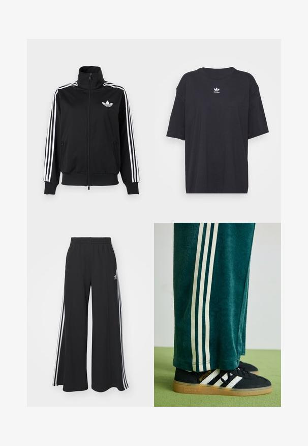 Crna jakna na patentni zatvarač od glatkog tkanja, s bijelim tri pruge na rukavima i malim bijelim logotipom na prsima.; Crna pamučna majica kratkih rukava, okruglog izreza, s bijelim Adidas logom na prsima. Jednostavan dizajn, opušteni kroj.; Crne široke trenirke s elastičnim pojasom, s bijelim bočnim trakama i izvezenim logom na lijevom bedru.; Zelene teksturirane hlače s bijelim bočnim prugama, u paru s crnim Adidas tenisicama koje imaju tri bijele pruge i gumenim đonom.