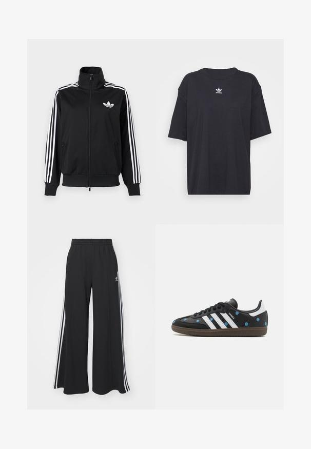Čierna bunda na zips z hladkého materiálu, s bielymi tromi pruhmi na rukávoch a malým bielym logom na hrudi.; Čierne bavlnené tričko s krátkymi rukávmi, okrúhlym výstrihom, na hrudi s bielym logom Adidas. Jednoduchý dizajn, voľný strih.; Čierne široké teplákové nohavice s elastickým pásom, so bielymi bočnými prúžkami a výšivkou loga na ľavom stehne.; Čierne kožené tenisky s bielymi pruhmi a kvetinovou výšivkou v modrej farbe. Majú hnedú gumovú podrážku a zaoblený dizajn špičky.