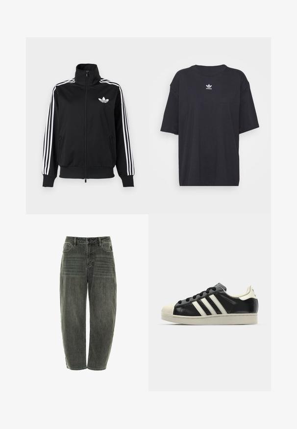Mustast, siledast kangast tõmblukuga jakk, millel on valged kolm triipu varrukatel ja väike valge logo rinnal.; Must must t-särk lühikeste varrukatega, ümmargune kaelus, rinnal valge Adidas logo. Lihtne disain, mugav lõige.; Tumedat hallid teksapüksid mugava lõikega, viie taskuga, nööpidega sulgemisega ja peente pleekimist valutustega ees ja taga.; Must have nahkased mustad tossud valgete triipudega, kummist varbakattega, mustade paeltega ja kreemika värvusega tallaga. Sile tekstuur ja läikiv viimistlus.