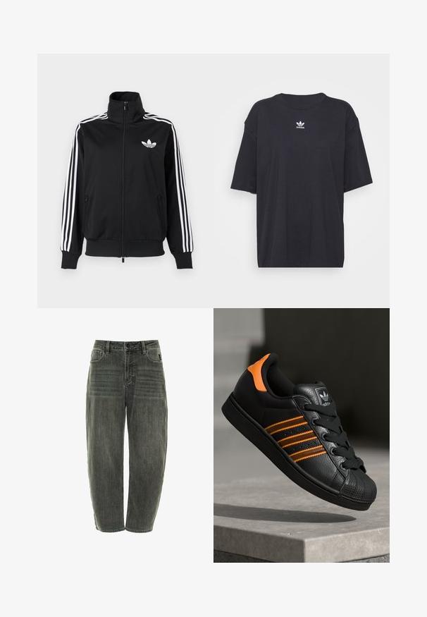 Čierna bunda na zips z hladkého materiálu, s bielymi tromi pruhmi na rukávoch a malým bielym logom na hrudi.; Čierne bavlnené tričko s krátkymi rukávmi, okrúhlym výstrihom, na hrudi s bielym logom Adidas. Jednoduchý dizajn, voľný strih.; Tmavo šedé džíny z denimu s voľným strihom, obsahujúce päť vreciek, zapínanie na gombík a jemné vyblednutie na prednej a zadnej časti.; Čierne tenisky s oranžovými akcentami, tromi horizontálnymi pruhmi, textúrovaným koženým zvrškom, gumovým ochranným vankúšikom na prstoch a čiernymi šnúrkami.