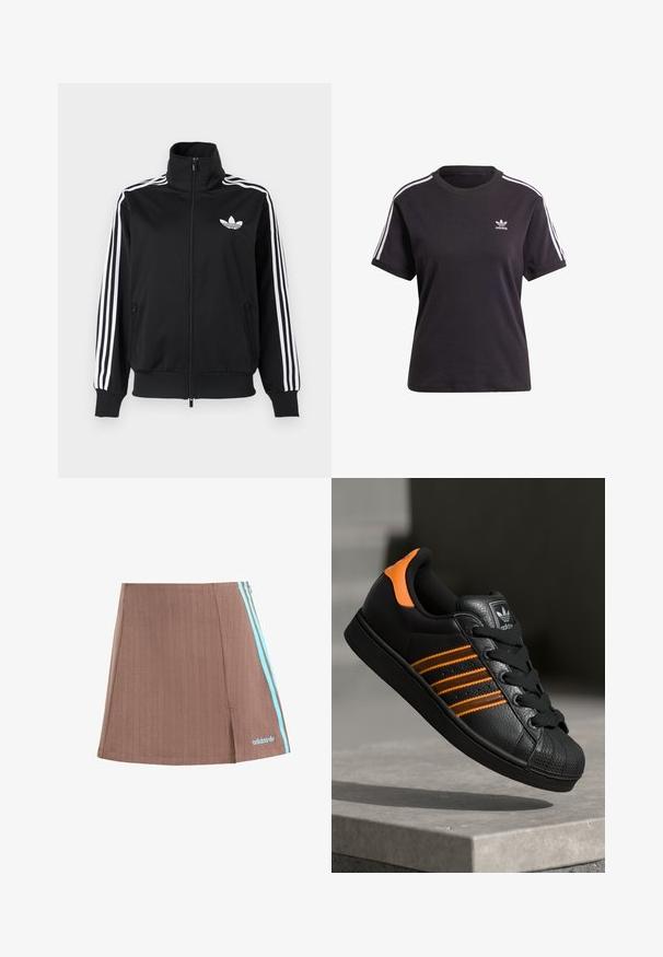 Svart hettejakke med glidelås laget av glatt stoff, med hvite tre-stripe detaljer på ermene og en liten hvit logo på brystet.; Svart bomull T-skjorte med kort erme og rund hals, med hvite striper på skuldrene og en liten hvit Adidas-logo på brystet.; Brun plisserte skorts med blå side-striper og logo. Har et rent design, subtil tekstur og rette kanter.; Svart sneaker med oransje detaljer, tre horisontale striper, teksturert skinnoverdel, gummitå, og svarte lisser.