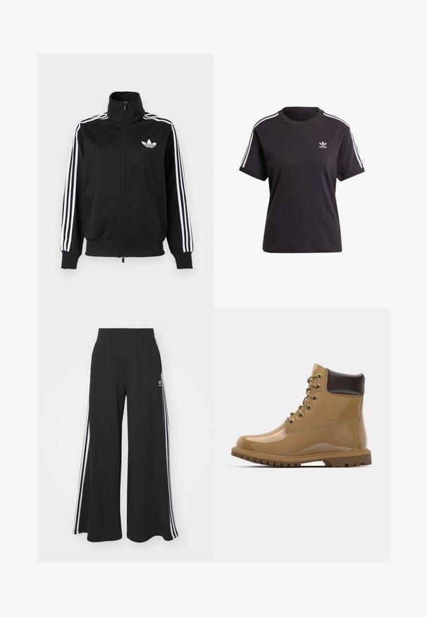 Melna rāvējslēdzēja jaka no gludas auduma ar baltām trīs joslu detaļām uz piedurknēm un mazu baltu logotipu uz krūtīm.; Melna kokvilnas t-krekls ar īsām piedurknēm un apaļu kakla izgriezumu, ar baltām svītrām uz pleciem un mazu baltu Adidas logo uz krūtīm.; Melnas plašas sporta bikses ar elastīgu jostasvietu, kurām ir baltas sānu svītras un izšūts logo kreisajā augšstilbā.; Tumši patentēta ādas potītes zābaki ar brūniem akcentiem, apaļa purngala forma, seši metāla acu caurumi, brūnas šņores un teksturēta gumijas zole.