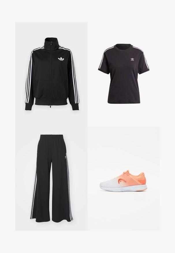 Black zip-up jacket made of smooth fabric, featuring white three-stripe accents on sleeves and a small white logo on the chest.; Black cotton short-sleeve t-shirt with round neck, featuring white stripes on shoulders and a small white Adidas logo on the chest.; Black wide-leg sweatpants with an elastic waistband, featuring white side stripes and an embroidered logo on the left thigh.; Athletic shoes with a gradient design, transitioning from white to light orange, featuring a textured upper and orange accents on the heel.