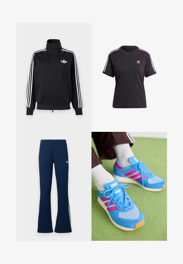 Crna jakna na patentni zatvarač od glatkog tkanja, s bijelim tri pruge na rukavima i malim bijelim logotipom na prsima.; Crna pamučna majica kratkih rukava s okruglim izrezom, ukrašena bijelim trakama na ramenima i malim bijelim Adidas logom na prsima.; Navy plave plisirane hlače sa širokim nogavicama i bijelim bočnim prugama te izvezenim logotipom na lijevoj strani, s dva bočna džepa.; Plave atletske cipele od antilopa i mrežaste tkanine, sa ružičastim trakama, okruglim nosom i teksturiranim gumenim đonom. Pertle su svijetloplave.