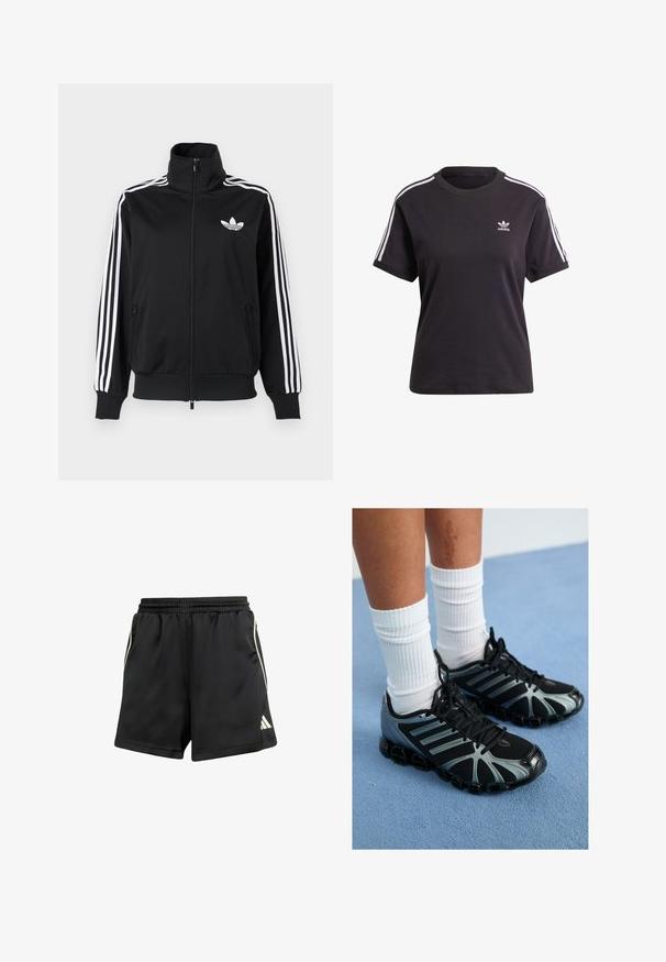 Jaqueta preta com fecho de correr, feita de tecido liso, com detalhes de três riscas brancas nas mangas e um pequeno logo branco no peito.; T-shirt preto de algodão de mangas curtas com gola redonda, apresentando riscas brancas nos ombros e um pequeno logotipo branco da Adidas no peito.; Calções atléticos pretos com um cós elástico, dois bolsos laterais e detalhes em riscas brancas nas laterais. Feitos de material leve.; Ténis atléticos pretos com detalhes cinzentos e painéis em malha, apresentando uma sola texturizada e atacadores pretos, combinados com meias brancas com nervuras.