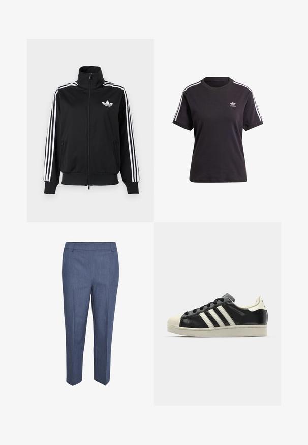 Svart hettejakke med glidelås laget av glatt stoff, med hvite tre-stripe detaljer på ermene og en liten hvit logo på brystet.; Svart bomull T-skjorte med kort erme og rund hals, med hvite striper på skuldrene og en liten hvit Adidas-logo på brystet.; Skreddersydde bukser i mørkeblått stoff med en subtil tekstur. Har flat front, rett ben og middels høy midje. Ingen synlige lommer.; Svarte skinnsneakers med hvite striper, gummitopp, svarte lisser og en kremfarget såle. Glatt tekstur med blank finish.