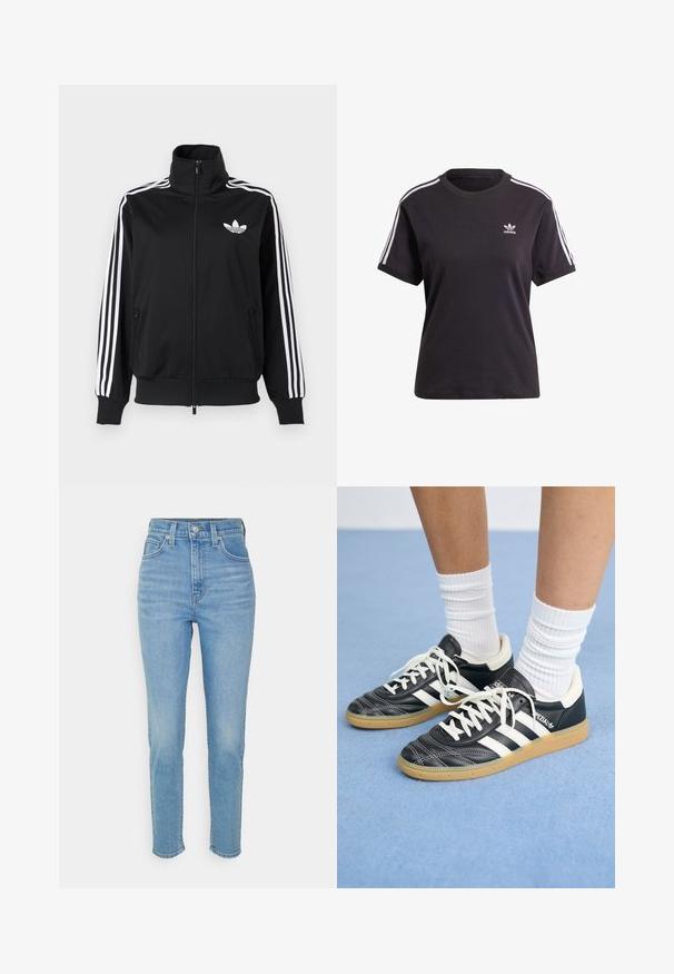 Jaqueta preta com fecho de correr, feita de tecido liso, com detalhes de três riscas brancas nas mangas e um pequeno logo branco no peito.; T-shirt preto de algodão de mangas curtas com gola redonda, apresentando riscas brancas nos ombros e um pequeno logotipo branco da Adidas no peito.; Levi's® HIGH WAISTED MOM JEAN - Mom Jeans - summer house; Sapatilhas de couro preto com riscas brancas, biqueira redonda, atacadores brancos e sola de borracha de goma. Destacadas pelo colarinho acolchoado e detalhes de marca.