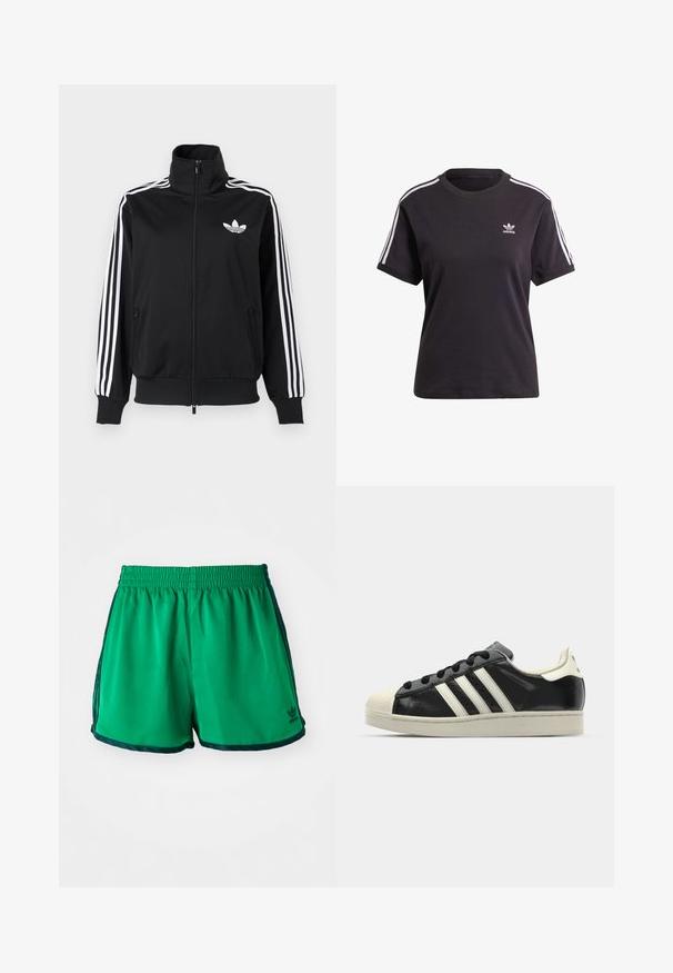 Juodas užsegamas džemperis, pagamintas iš lygaus audinio, su baltomis trimis juostelėmis ant rankovių ir mažu balto logotipo ant krūtinės.; Juodas medvilninis trumpa rankovėmis marškinėliai su apvalia iškirpte, su baltais dryžiais ant pečių ir maža balta Adidas logo ant krūtinės.; Žalios sportinės šortai su lygiu paviršiumi, elastinga juosta ir tamsiai žaliais šonų akcentais. Žemiau krašto yra "Adidas" logotipas.; Juodi odiniai sportiniai bateliai su baltais dryžiais, guminis toe kapas, juodi raišteliai ir kreminis padas. Lygus pavirčius su blizgiu finišu.