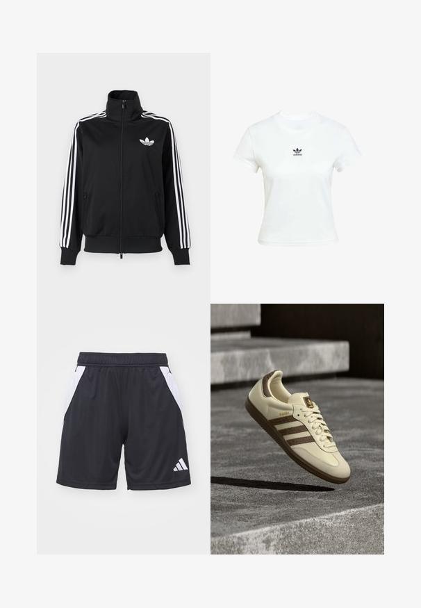 Black zip-up jacket made of smooth fabric, featuring white three-stripe accents on sleeves and a small white logo on the chest.; White cotton t-shirt with short sleeves and a crew neckline. Features a black Adidas logo printed on the chest. Simple, minimal design.; Black athletic shorts made of synthetic fabric with white side panels and an elastic waistband. Features a small Adidas logo on the lower right.; Cream-colored sneaker with brown accents, textured side stripes, and a smooth leather finish. Features a lace-up design and rubber sole.