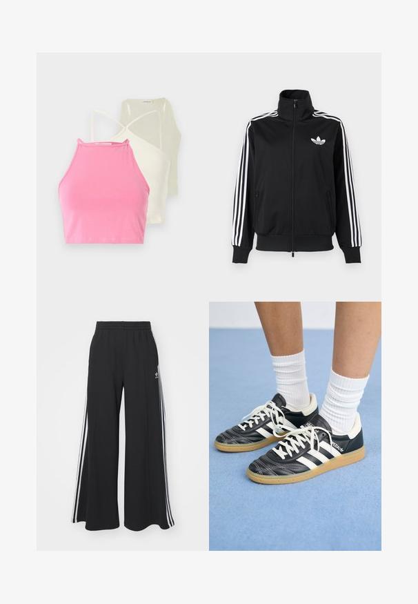 Fekete cipzáras dzseki sima anyagból, fehér háromsávos díszítéssel az ujjakon és egy kis fehér logóval a mellkasnál.; Három pántnélküli crop top rózsaszín, krém és pasztell sárga színben. Mindegyik testhez álló kialakítással rendelkezik, vékony pántokkal és sima pamut textúrával.; Fekete, bő szárú melegítőnadrág, rugalmas derékkal, fehér oldalsávokkal és hímzett logóval a bal combon.; Fekete bőr sportcipők fehér csíkokkal, kerek orral, fehér fűzővel és gumírozott talppal. Párnázott bokarész és márkajelzések emelik ki.