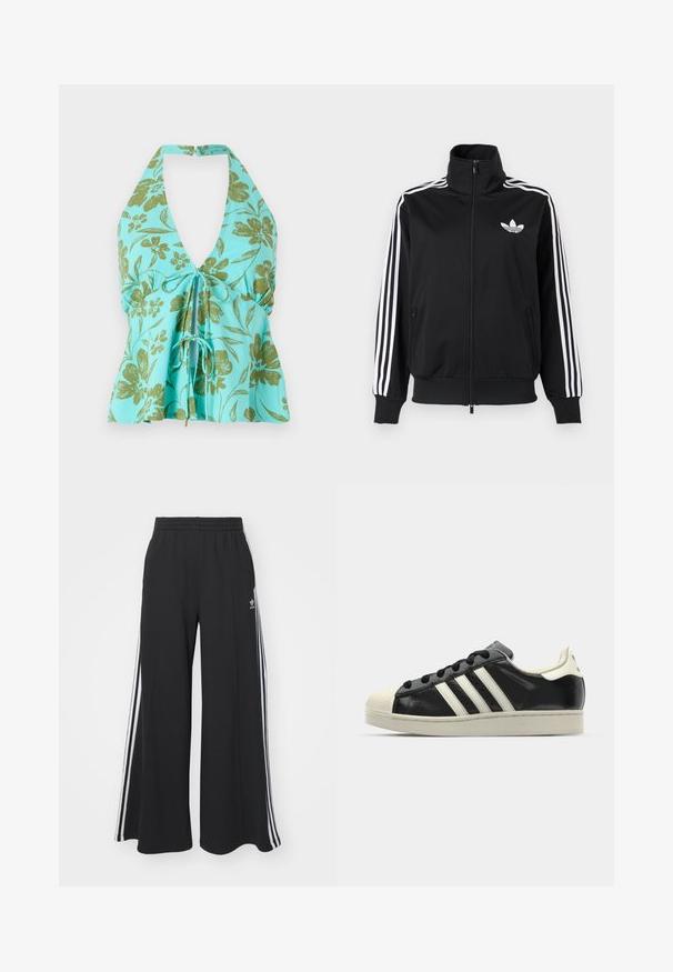 Melna rāvējslēdzēja jaka no gludas auduma ar baltām trīs joslu detaļām uz piedurknēm un mazu baltu logotipu uz krūtīm.; Ziedu apģērbs ar halter griezumu tirkīza krāsā ar zaļām ziedu apdrukām. V-veida kakla izgriezums ar regulējamu aukliņu detalizāciju priekšpusē. Viegls audums.; Melnas plašas sporta bikses ar elastīgu jostasvietu, kurām ir baltas sānu svītras un izšūts logo kreisajā augšstilbā.; Melna ādas sporta apava ar baltām svītrām, gumijas purngala aizsardzību, melnām auklām un krēma krāsas zoli. Gluda tekstūra ar spīdīgu apdari.