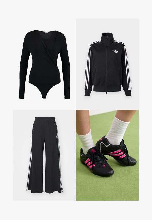 Mustast, siledast kangast tõmblukuga jakk, millel on valged kolm triipu varrukatel ja väike valge logo rinnal.; Musthave mustriga bodysuit, millel on puhas tekstuur ja sügav V-kaelus. Alus on stringikattega.; Mustad laiad trenni püksid elastse vöökohtaga, millel on valged küljeribad ja tikitud logo vasakul reiel.; Mustad musta värvi spordijalatsid, millel on kolm roosat triipu, tekstureeritud nahkpealne, mustad paelad ja logo detail, koos valgete ribaga sokkidega rohelisel pinnal.