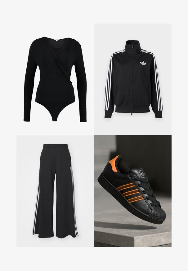 Jachetă neagră cu fermoar, realizată dintr-un material neted, cu accente albe cu trei dungi pe mâneci și un mic logo alb pe piept.; Body negru cu mânecă lungă, cu un design înfășurat, având o textură netedă și un decolteu adânc în V. Partea de jos are o acoperire tip thong.; Pantaloni de trening negri cu croială largă, prevăzuți cu un brâu elastic, având dungi laterale albe și un logo brodat pe coapsa stângă.; Adidași negri cu accente portocalii, trei dungi orizontale, parte superioară din piele texturată, capac de cauciuc pentru vârf și șireturi negre.