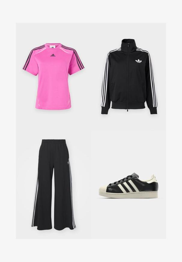 Black zip-up jacket made of smooth fabric, featuring white three-stripe accents on sleeves and a small white logo on the chest.; Bright pink Adidas sports t-shirt with black three-stripe detail on sleeves and black Adidas logo on chest.; Black wide-leg sweatpants with an elastic waistband, featuring white side stripes and an embroidered logo on the left thigh.; Black leather sneaker with white stripes, rubber toe cap, black laces, and a cream-colored outsole. Smooth texture with shiny finish.