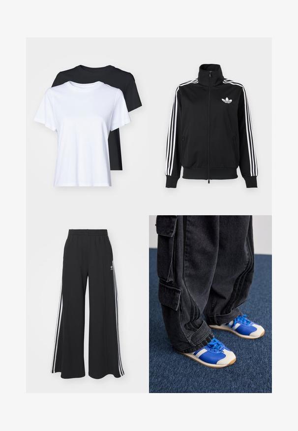 Schwarze Zip-up-Jacke aus glattem Stoff, mit weißen Drei-Streifen-Akzenten an den Ärmeln und einem kleinen weißen Logo auf der Brust.; Zwei Kurzarm-T-Shirts in Schwarz und Weiß, aus glattem Baumwollmaterial, mit klassischem Rundhalsausschnitt und regulärer Passform.; Schwarze weite Sweatpants mit elastischem Bund, versehen mit weißen Seitestreifen und einem gestickten Logo auf dem linken Oberschenkel.; Person mit lockeren schwarzen Cargo-Hosen und blau-weißen Sneakers steht auf einem dunkelblauen Teppich.