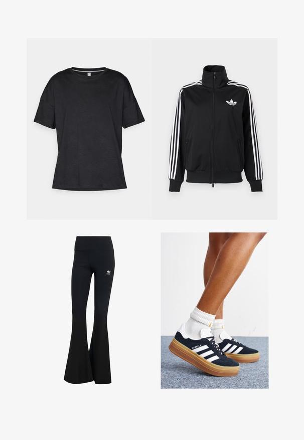 Crna jakna na patentni zatvarač od glatkog tkanja, s bijelim tri pruge na rukavima i malim bijelim logotipom na prsima.; Crna majica kratkih rukava od teksturiranog materijala s suptilnim valovitim uzorkom, s okruglom izrezom i ležernim krojem.; Crne rebraste flared tajice sa širokim pojasom, s malim belim Adidas logom na gornjoj левој strani. Mekani materijal.; Crne tenisice od brušene kože s bijelim prugama i detaljima, okruglim vrhom, gumeni potplat boje gume, uparene s bijelim rebrastim čarapama.