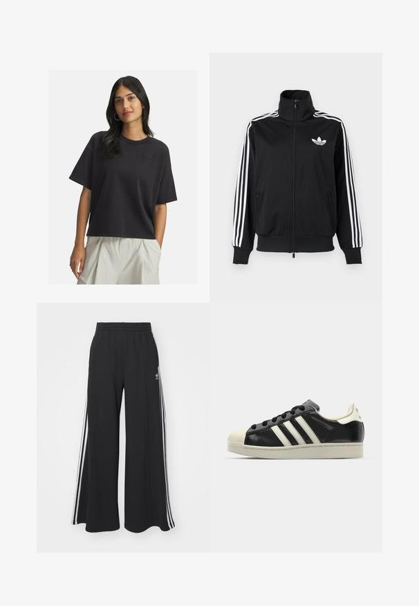 Black zip-up jacket made of smooth fabric, featuring white three-stripe accents on sleeves and a small white logo on the chest.; Woman with long dark hair wearing a loose black short-sleeve T-shirt and light beige high-waisted pants, standing with one hand in pocket.; Black wide-leg sweatpants with an elastic waistband, featuring white side stripes and an embroidered logo on the left thigh.; Black leather sneaker with white stripes, rubber toe cap, black laces, and a cream-colored outsole. Smooth texture with shiny finish.