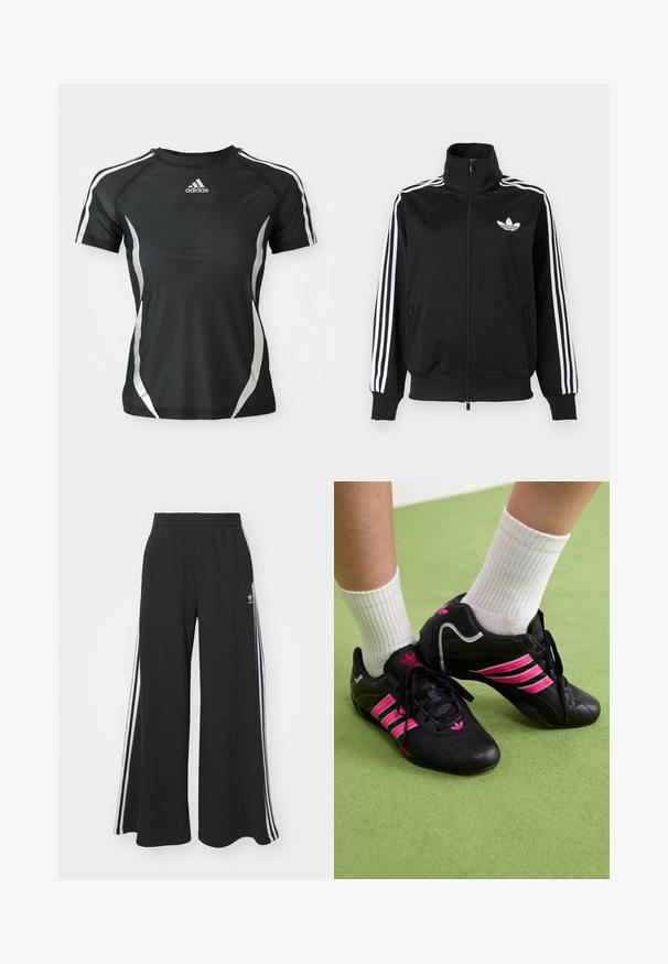 Černá bunda na zip z hladké látky s bílými třemi pruhy na rukávech a malým bílým logem na hrudi.; Černé krátké sportovní tričko Adidas s bílými pruhy na ramenou a stříbrnými zakřivenými detaily na bocích.; Černé pohodlné tepláky širokého střihu s elastickým pasem, na boční straně s bílými pruhy a vyšitým logem na levé stehně.; Černé sportovní boty se třemi růžovými pruhy, svrchní část z texturované kůže, černé tkaničky a detaily loga, spárované s bílými žebrovanými ponožkami na zeleném povrchu.