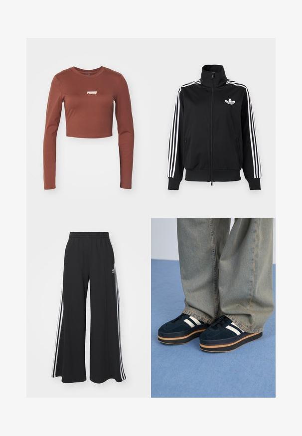 Černá bunda na zip z hladké látky s bílými třemi pruhy na rukávech a malým bílým logem na hrudi.; Hnědý dlouhý rukáv crop top vyrobený z elastického materiálu, s bílým logem "ruby" na přední straně. Hladká textura a dobře padnoucí design.; Černé pohodlné tepláky širokého střihu s elastickým pasem, na boční straně s bílými pruhy a vyšitým logem na levé stehně.; Tmavě modré semišové platformové tenisky s bílými pruhy a černými tkaničkami. Mají silnou hnědou gumovou podešev. Noseny se světle modrými džíny.